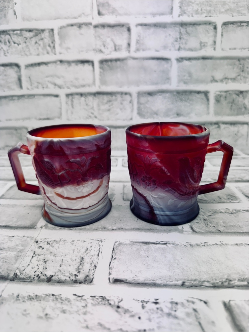 Vintage Imperial Slag Glass Mug Birds & Flowers Set of 2